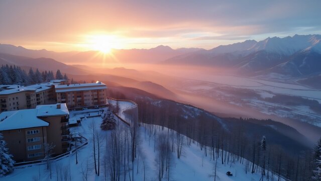 Sunrise Winter Landscape, Kedr Bravo Ski Resort, Tyva, Russia - Breathtaking Mountain View from Apartment Buildings