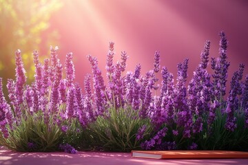 Naklejka premium Vibrant lavender blossoms in sunlight, book below. Perfect for relaxation, nature, and serenity themes.