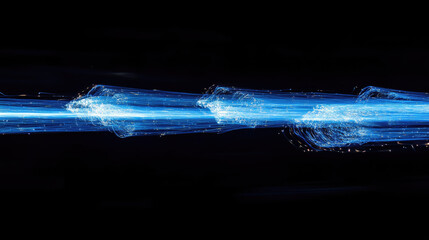 Radiant blue light trails extending horizontally across a dark backdrop, highlighting a high-speed visual impact with glowing accents 