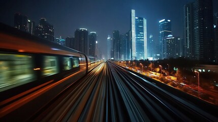 Fototapeta premium Night cityscape with high-speed train.