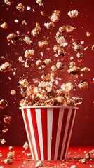 Popcorn Bursts Into a Flurry of Fluffy Goodness While Tumbling From a Striped Bucket Against a Vibrant Red Backdrop Creating a Joyful Snack Moment