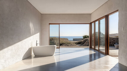 Fototapeta premium Modern bathroom with ocean view and minimalist design in bright natural light