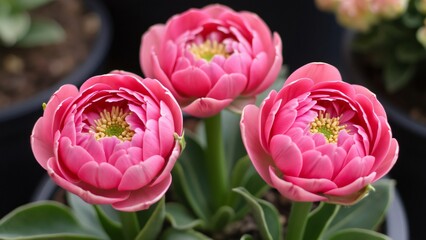 Aerial Close-up of Three Vibrant Pink Ranunculus Flowers in a Pot