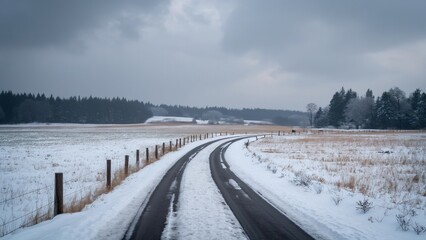 Serene Winter Landscape, Snow-Covered Field, Winding Road, and Wooded Background