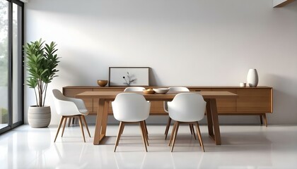 A modern dining room with a wooden table and white chairs, a potted plant , and a minimalist decor