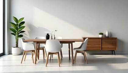 A modern dining room with a wooden table and white chairs, a potted plant , and a minimalist decor
