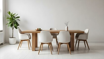 A modern dining room with a wooden table and white chairs, a potted plant , and a minimalist decor