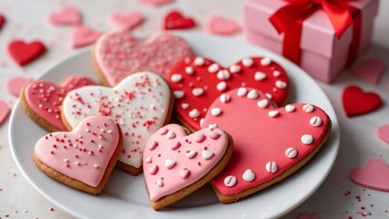 Obraz premium Delicious Valentine's Day Heart Cookies, Pink & Red Gingerbread Treats on White Plate with Gift Box