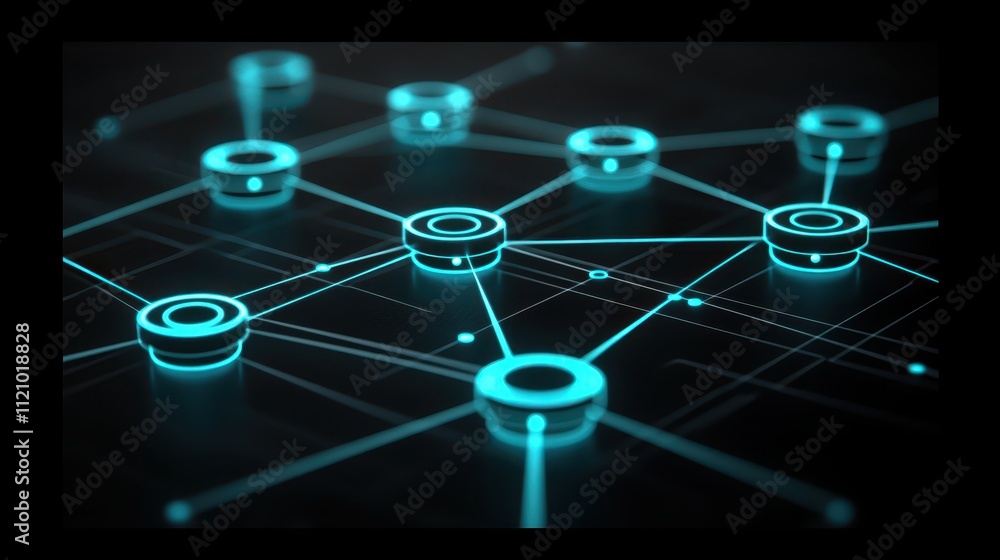 Poster interconnected blue circles, visual representation of network and connections in abstract art