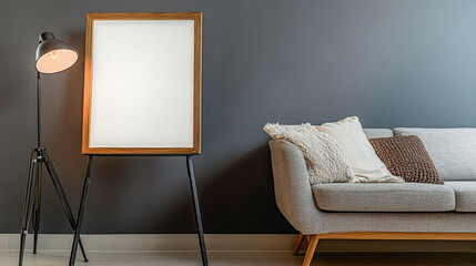 Modern living room setup featuring a blank frame and stylish floor lamp
