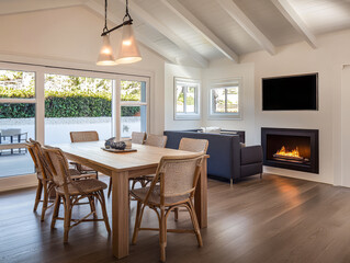 Modern dining area with wooden table and cozy fireplace in bright airy space