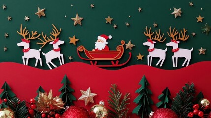 A festive scene featuring Santa in a sleigh pulled by reindeer, surrounded by stars and holiday decorations on a red and green background.