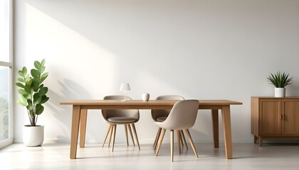A modern dining room with a wooden table and three beige chairs, decorated with potted plants