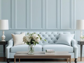 Cute and elegant tufted sofa in a soft pastel blue, surrounded by floral decor in a chic living room, sofa, charming living space