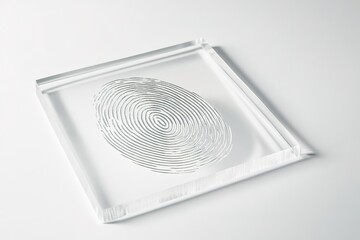 fingerprint icon etched into transparent acrylic plate on bright white background