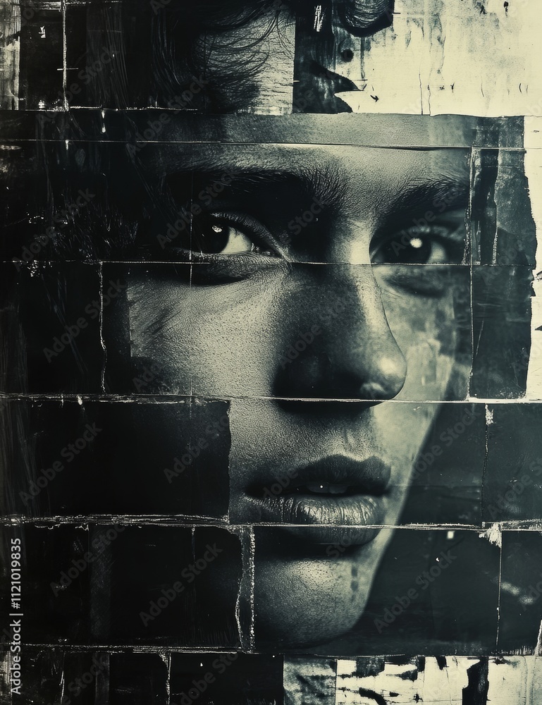 Poster striking portrait blending multiple layers of emotion and expression through an artistic collage tec