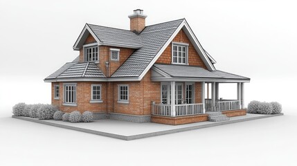 Brick house with gray roof, porch, and landscaping. Ideal for real estate, architecture, and home design projects.