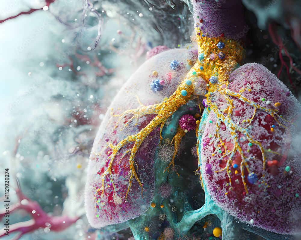 Poster detailed illustration of human lungs with colorful cellular structures and branching pathways.