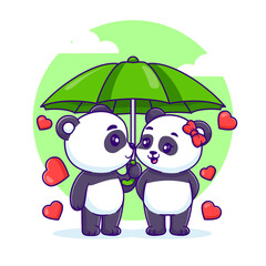 Cute panda couple standing under umbrella cartoon vector icon illustration animal nature icon © Arumsari