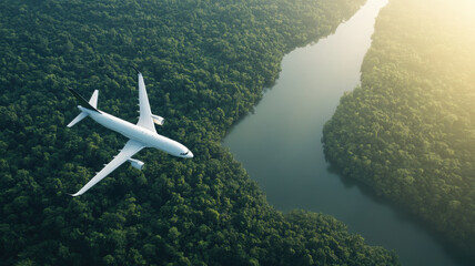 Fototapeta premium Aerial view of airplane flying over dense rainforest and river, showcasing beauty of nature and travel