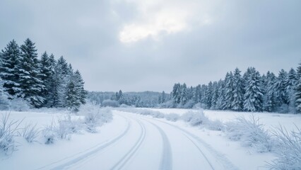Fototapeta premium Serene Winter Wonderland, Snow-Covered Road Winding Through a Picturesque Pine Forest Under a Cloudy Sky