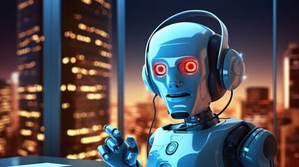 A robot in a company office or hotel, offering customer care with a futuristic touch.


