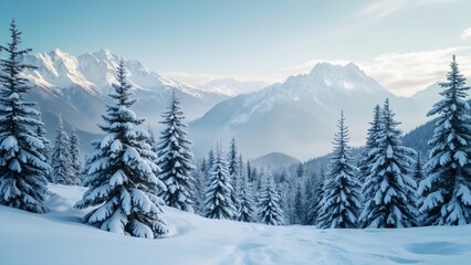 Majestic Winter Landscape, Snow-Covered Spruce Trees in Mountain Range, High-Resolution Photography, Copy Space