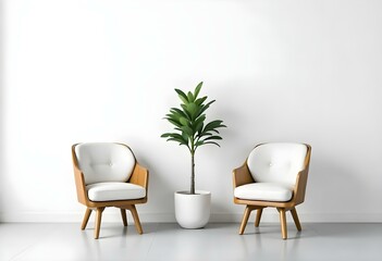A white modern armchair with wooden accents, a potted plant , and another white armchair with wooden accents against a plain white wall