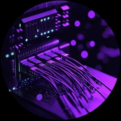 Fototapeta premium Surreal Glimpse Into a Vibrant Digital Realm of Interconnected Circuits and Glowing Fibers Amidst a Cosmic Purple Haze