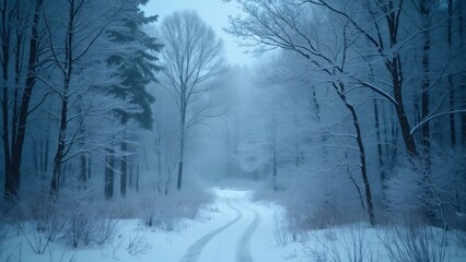 Obraz premium Serene Winter Forest, Cinematic Snowscape with Tranquil Blue Hues