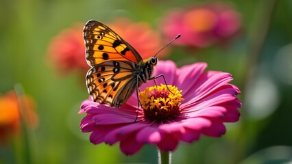 Vibrant Orange and Brown Butterfly on Pink Zinnia Flower - High Resolution Nature Close-up