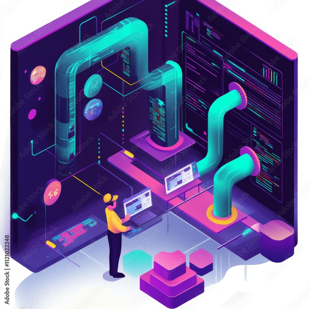 Aufkleber a digital workspace comes alive with dynamic colors where a person interacts with innovative technol