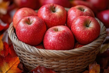 A wicker basket overflows with shiny, red apples; autumn leaves surround it. Perfect for harvest, autumn, or healthy food themes.