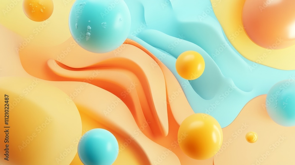 Poster colorful abstract design with vibrant spheres and smooth curves creating a dynamic artistic composit