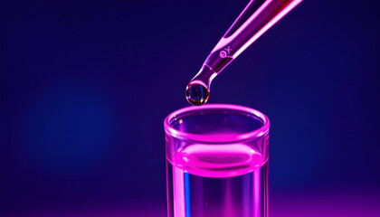 A macro shot of a pipette dropping a clear liquid into a test tube, with vibrant lighting that highlights surface tension and transparency.