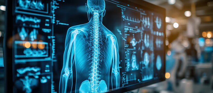 Digital X-ray of human spine displayed on a monitor with medical data.