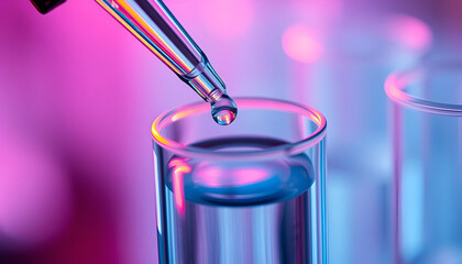 A macro shot of a pipette dropping a clear liquid into a test tube, with vibrant lighting that highlights surface tension and transparency.