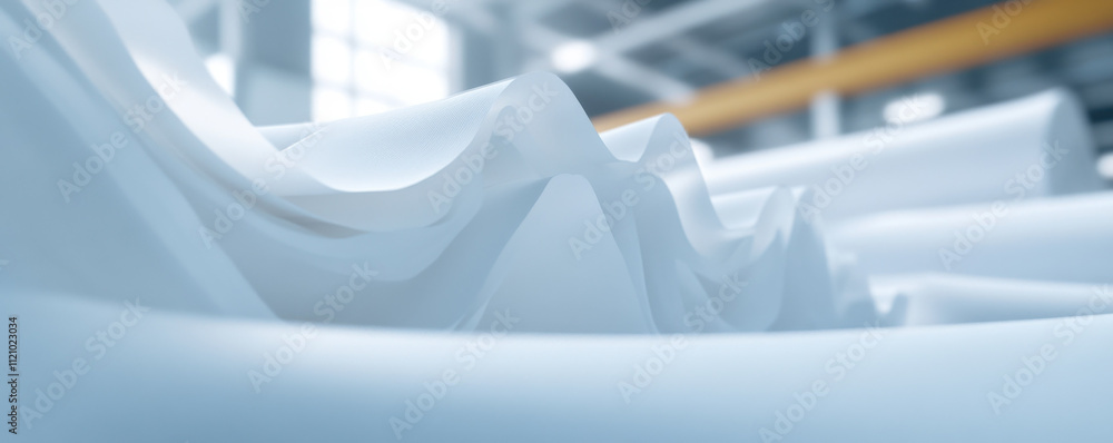 Poster smooth white paper rolls create dynamic wave like pattern in bright industrial setting, showcasing a