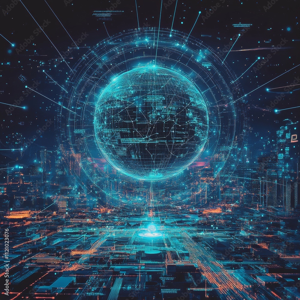 Poster futuristic cityscape with glowing data streams and digital globe illuminating the urban skyline at n