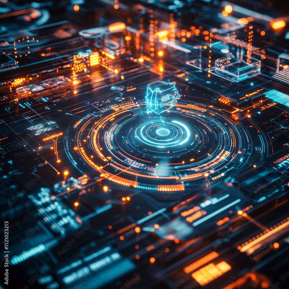 Poster futuristic digital landscape showcasing glowing circuit patterns and vibrant neon elements at the he