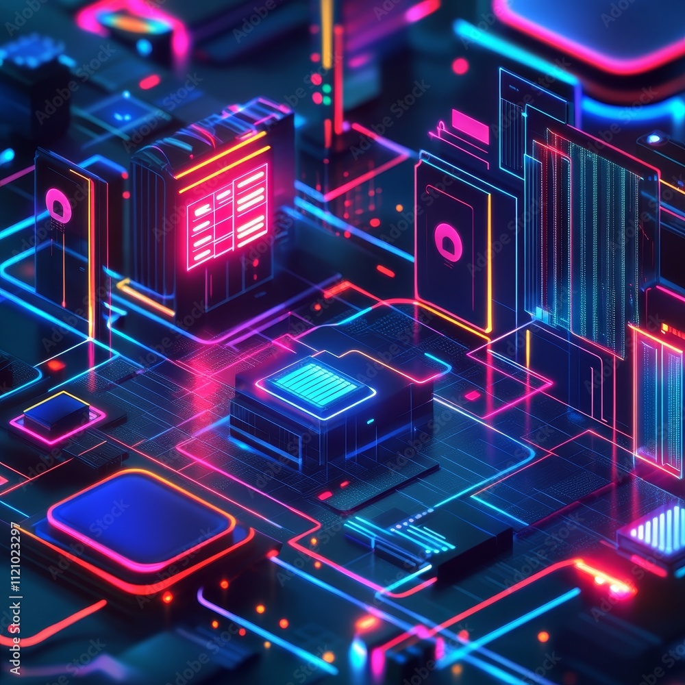 Poster digital landscape showcasing vibrant circuitry and glowing components in an abstract technological u