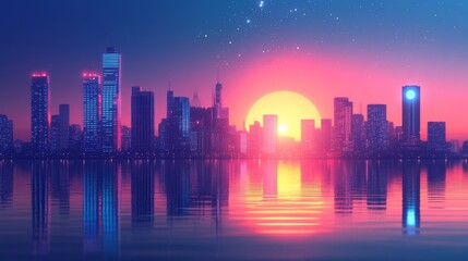 Obraz premium Vibrant Sunset Over a Futuristic Skyline Reflecting on Calm Waters During Twilight Hours, Showcasing the Beauty of Urban Life