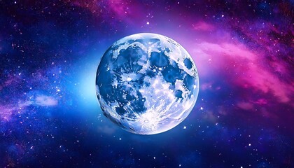 Obraz premium A bright, full moon glows against a vibrant, blue and pink nebula, stars scattered across the cosmic backdrop.