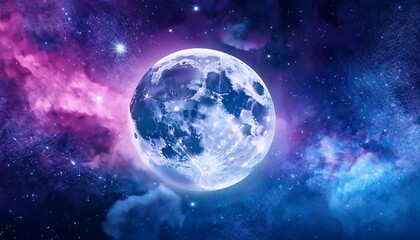 Obraz premium A bright, full moon glows against a vibrant, blue and pink nebula, stars scattered across the cosmic backdrop.