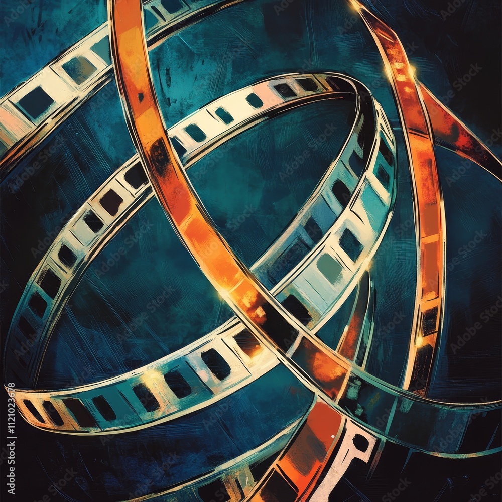 Poster film reels intertwining in an abstract dance of light and shadow, creating a mesmerizing visual expe
