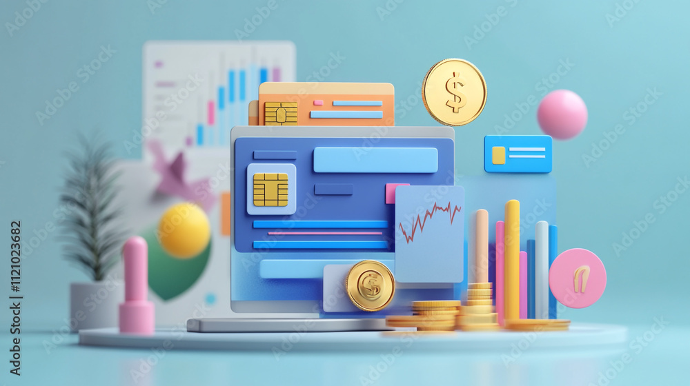 Poster illustration developing a web application, moving design elements in the screen background, enhance 