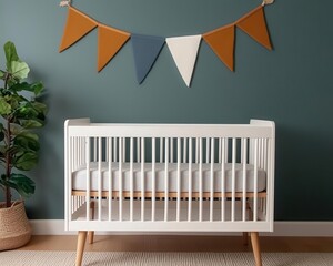 Newborn s room with soft blues and whites, Welcome Baby banner over the crib, plush rugs, cozy reading nook, calm and peaceful