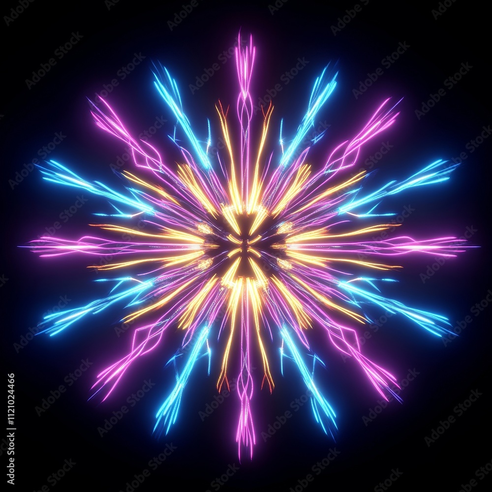 Poster colorful and vibrant neon light patterns creating an intricate starburst effect in a dark space duri