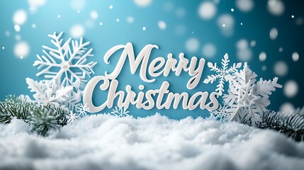 A detailed kirigami paper craft of "Merry Christmas," each letter designed as intricate snowflakes, with delicate folds and cuts,