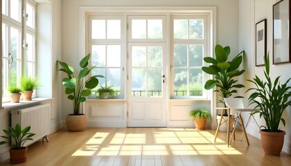 Bright and airy room with wooden floors, large windows, and potted plants